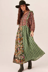 Vestido Longo Amplo Verde Patchwork Yacamim E1