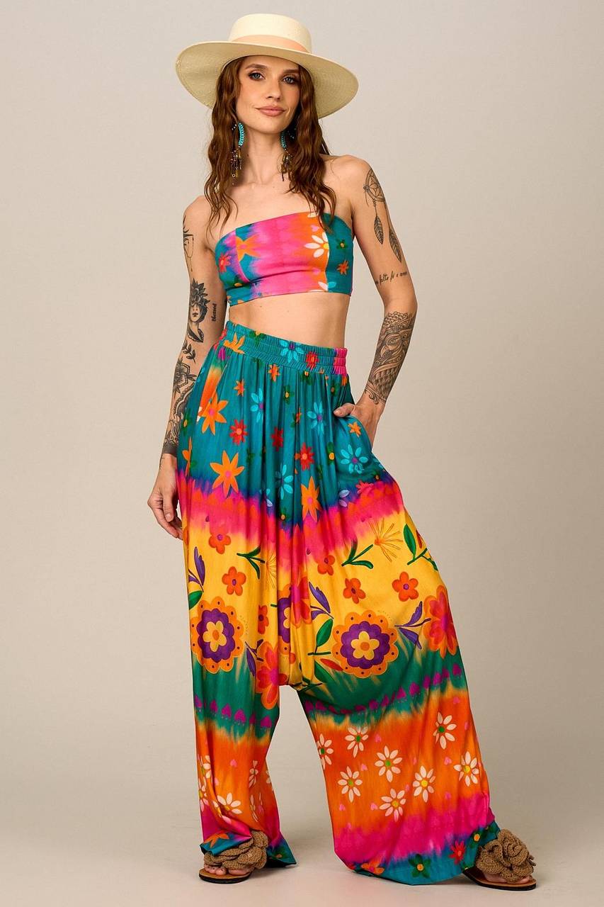 Calça Saruel Pantalona Colorida Estampada Yacamim G4