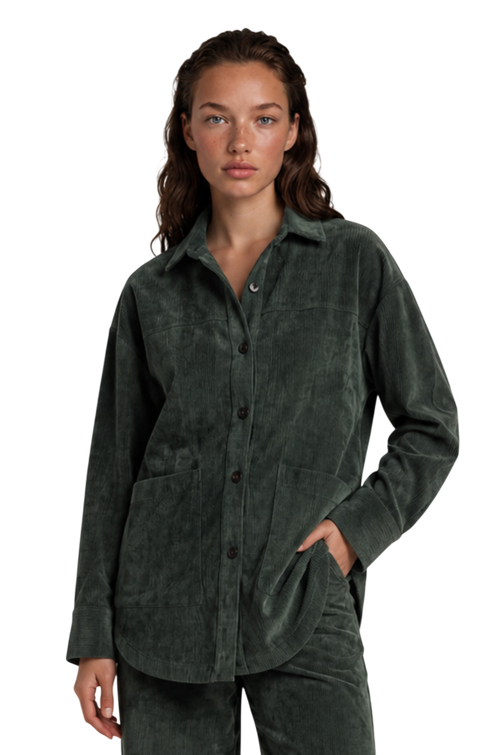 Camisa Ampla De Veludo Cotelê Verde Escuro Yacamim