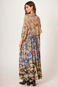 Vestido Longo Com Mangas 3/8 Verde Patchwork Yacamim E14