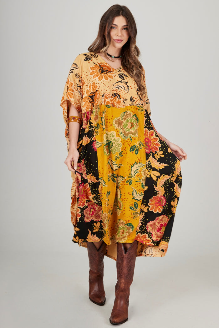 Kaftan Midi Amarelo E Preto Patchwork Yacamim J8