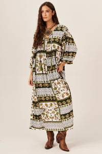 Vestido Midi Branco E Verde Geométrico Yacamim E15