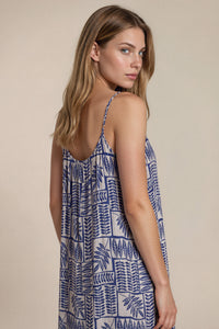 Vestido Longo Com Babado Azul Estampado Patchwork Yacamim C4
