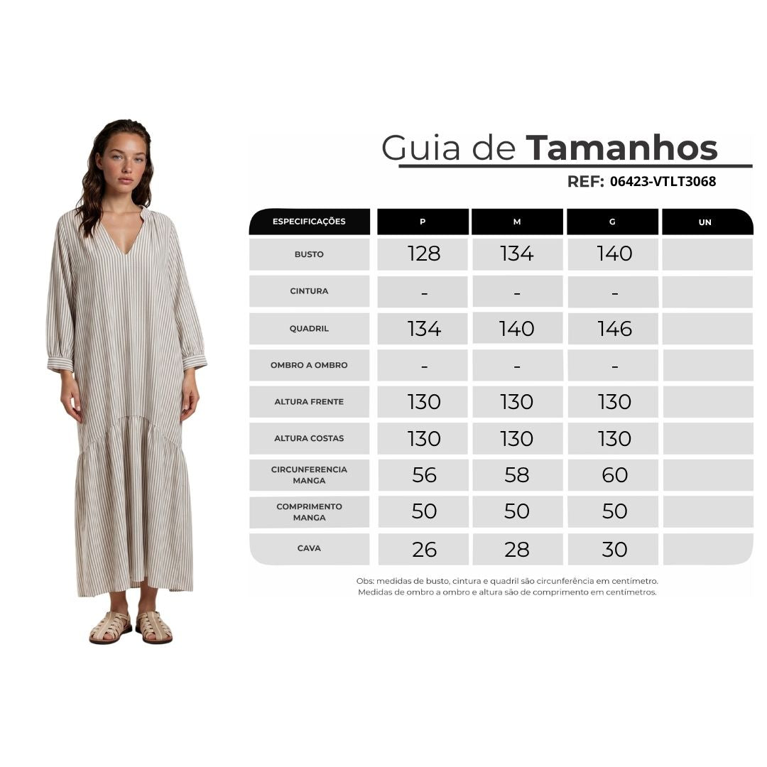 Vestido Midi Com Mangas Longas Cinza Listrado Yacamim C20