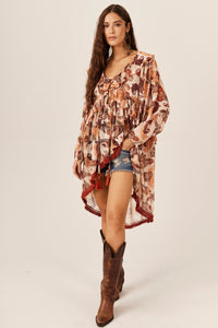 Vestido Curto Mullet Bege Paisley Yacamim E5