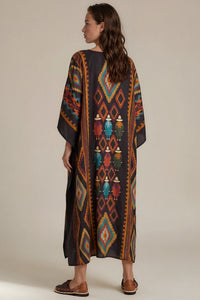 Kaftan Midi Marrom Escuro Estampado Coleção Peru Yacamim K9