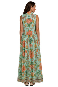 Vestido Longo Sem Mangas Com Botões Verde Pistache Floral yacamim D11