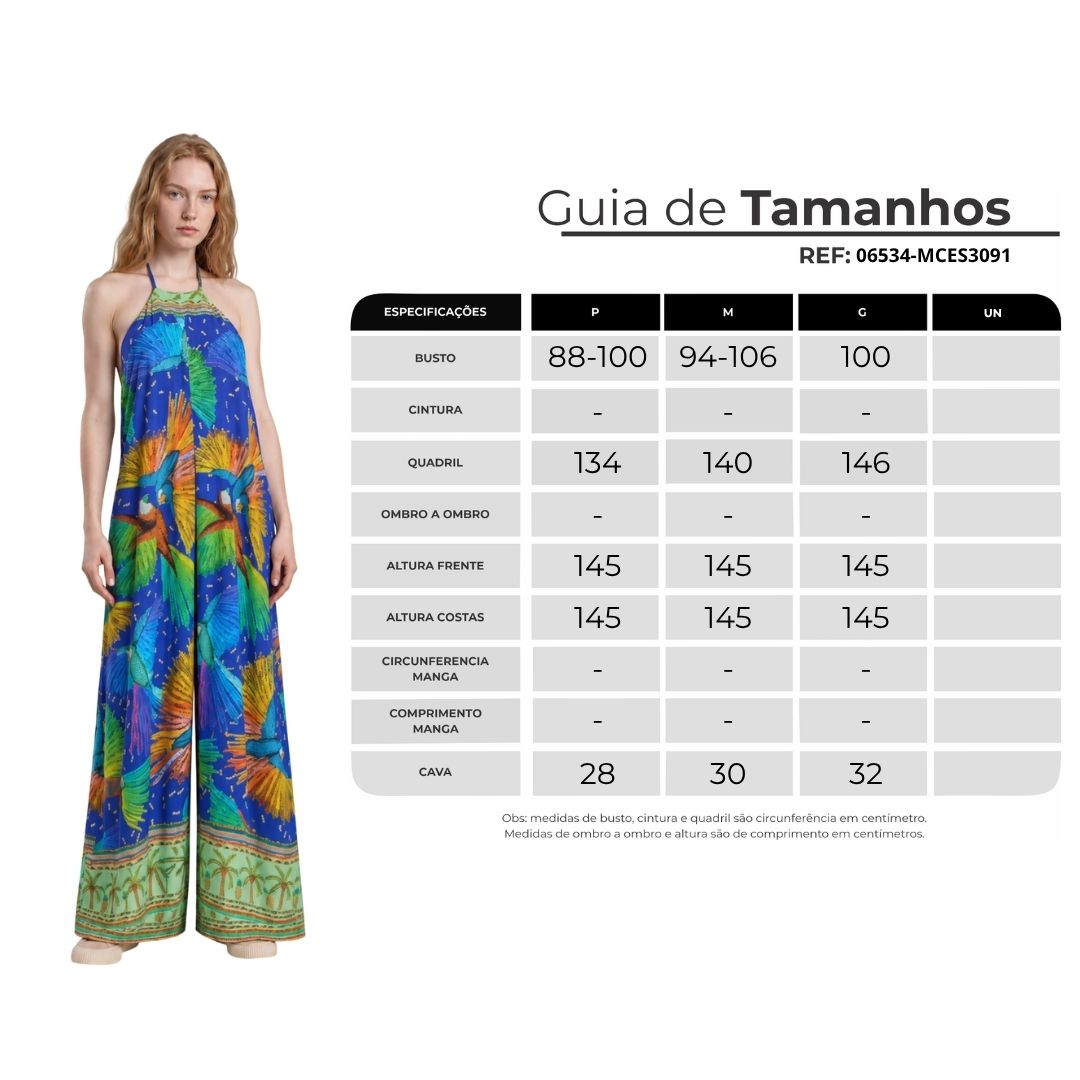 Macacão Longo Pantalona Frente Única Azul Estampado Yacamim O7