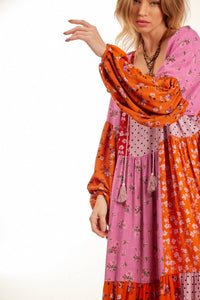 Vestido Longo Amplo Com Mangas Longas Bufantes Rosa Patchwork Yacamim<br />
<p>
</p>
