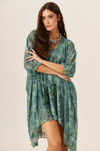 Vestido Curto Tule Verde Paisley Yacamim E7