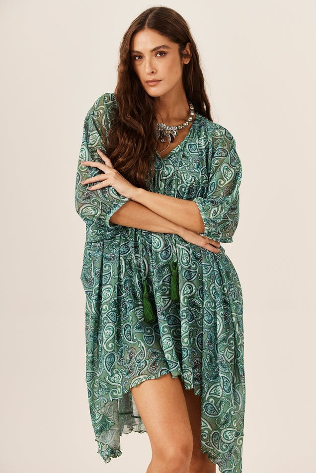 Vestido Curto Tule Verde Paisley Yacamim E7