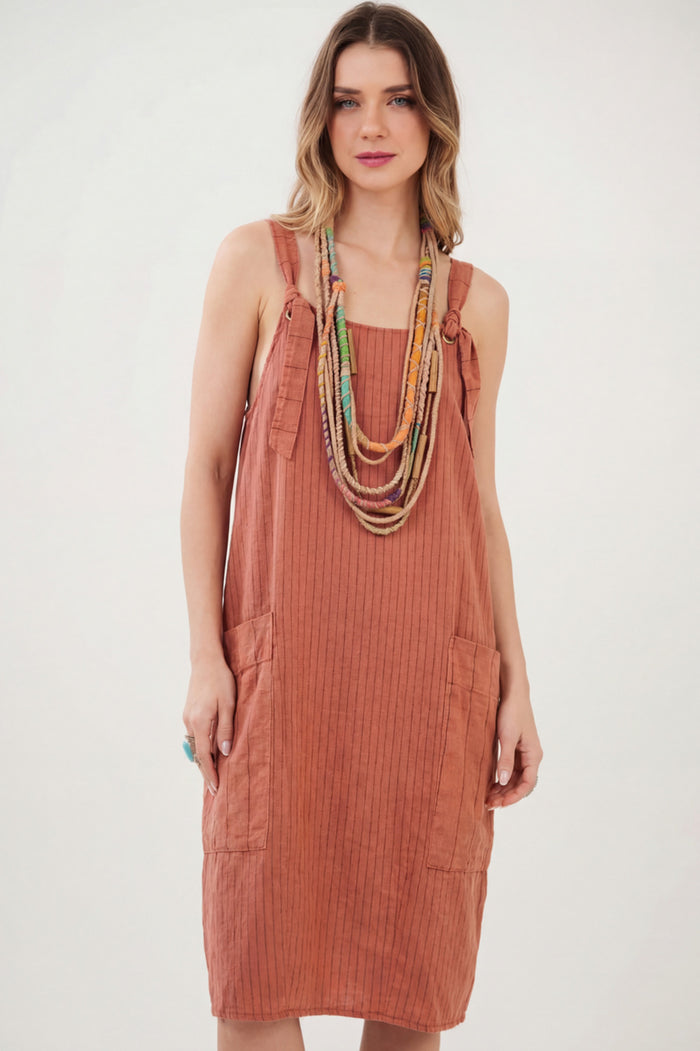 Vestido Curto Terracota Com Listras Finas Yacamim C17