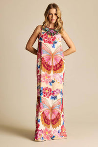 Vestido Longo De Alças Reguláveis Rosa Estampa Borboletas Yacamim E19