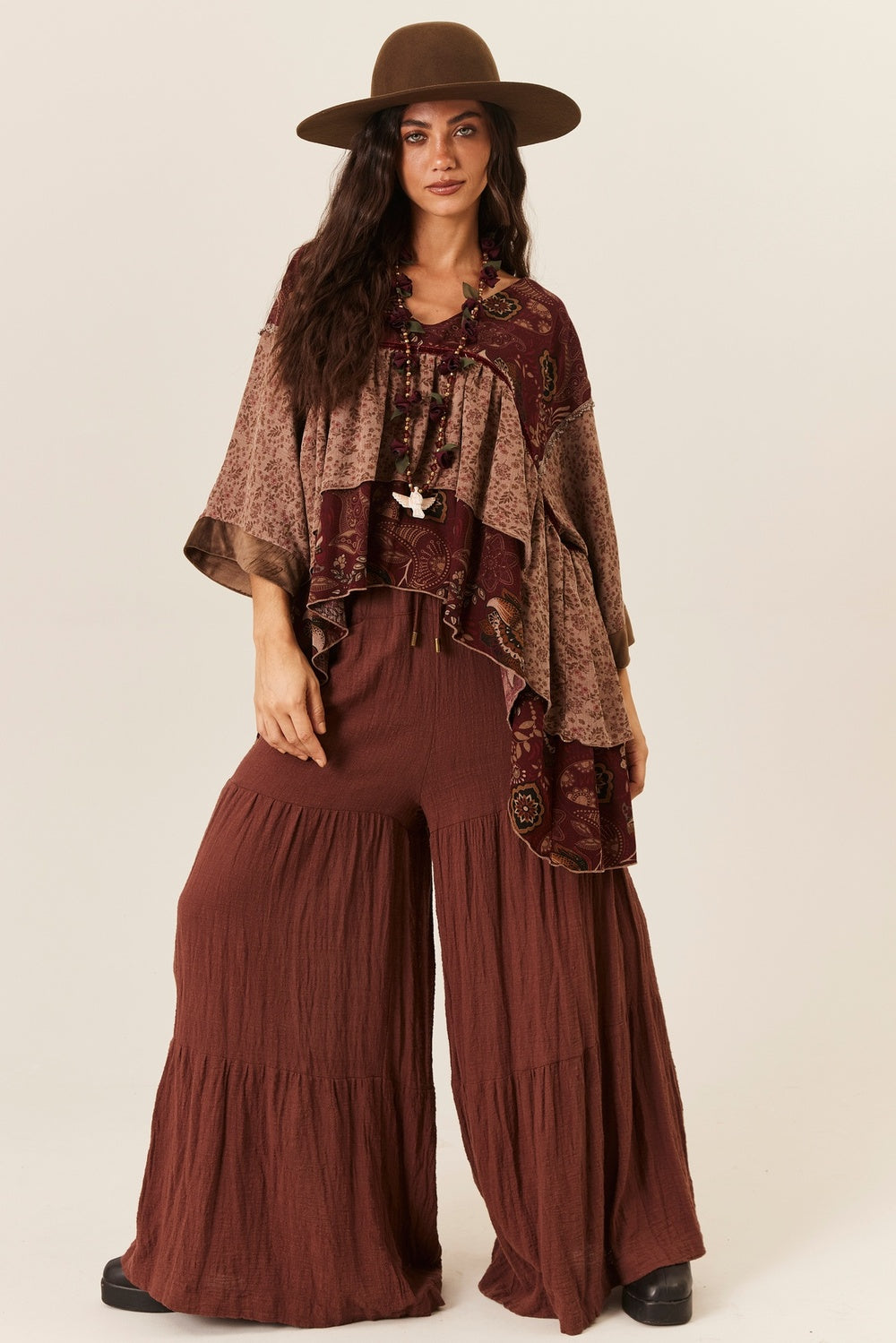 Calça Pantalona 100% Algodão Gaze Marrakesh Marrom Yacamim G3