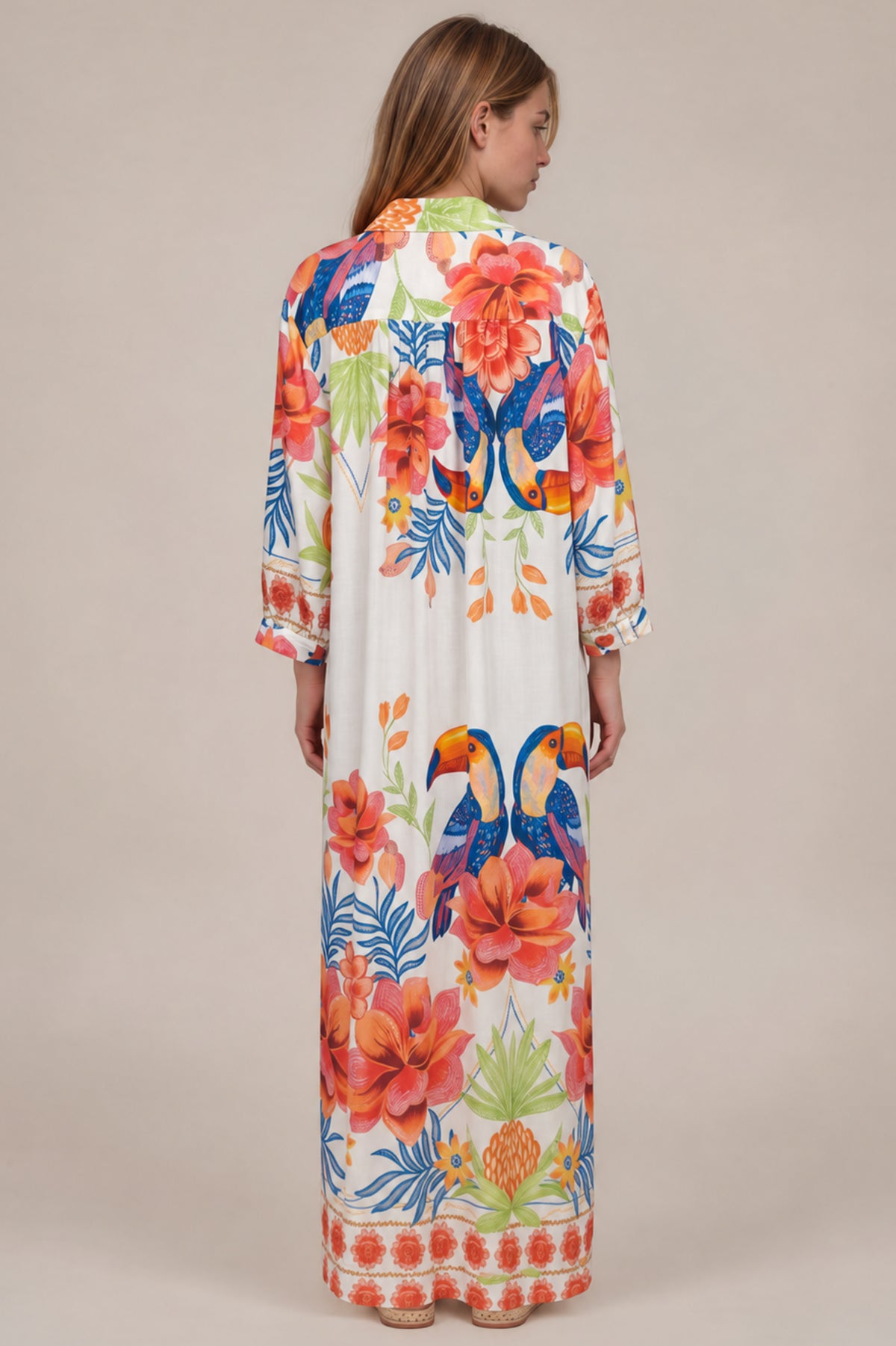 Chemise Longo Com Mangas Longas E Faixa Branco Estampado Coleção Manacá Yacamim N9
