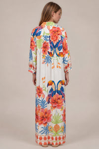 Chemise Longo Com Mangas Longas E Faixa Branco Estampado Coleção Manacá Yacamim N9
