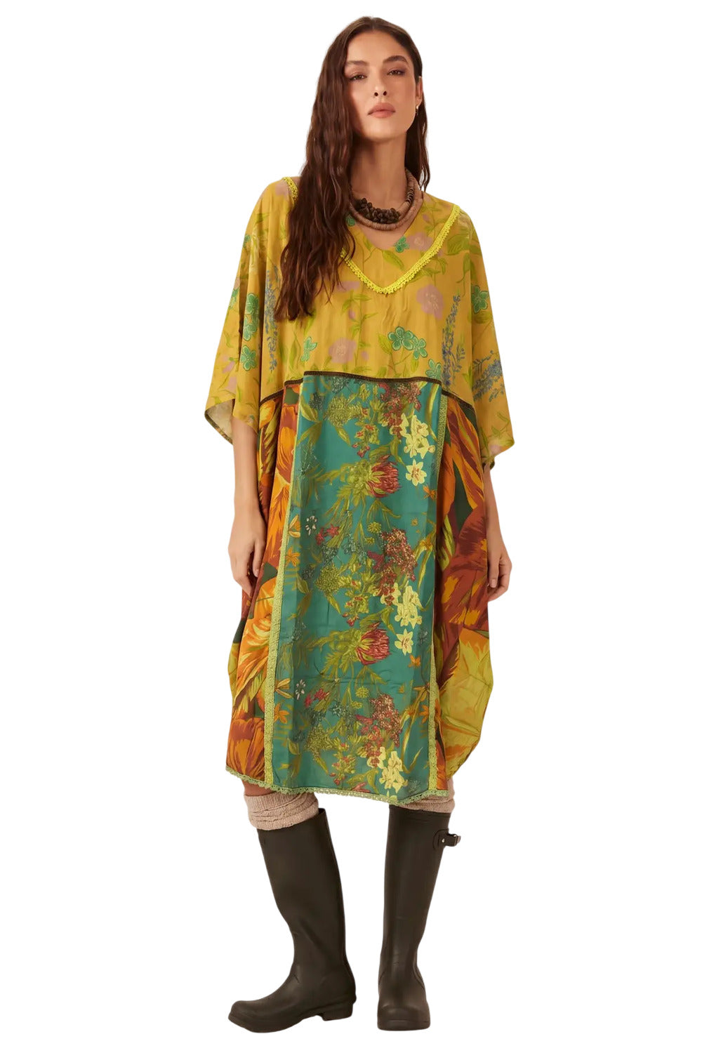 Kaftan Amplo Verde Patchwork Yacamim T7