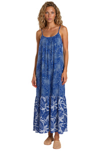 Vestido Midi De Alças Reguláveis Azul Estampado Yacamim C24