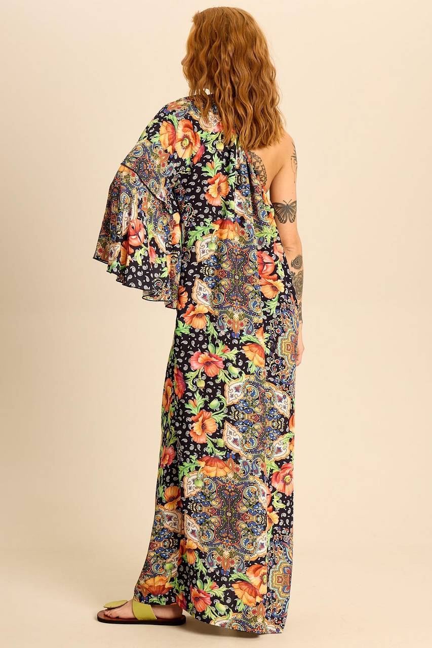 Vestido Longo Um Ombro Só Estampa Paisley Yacamim C11