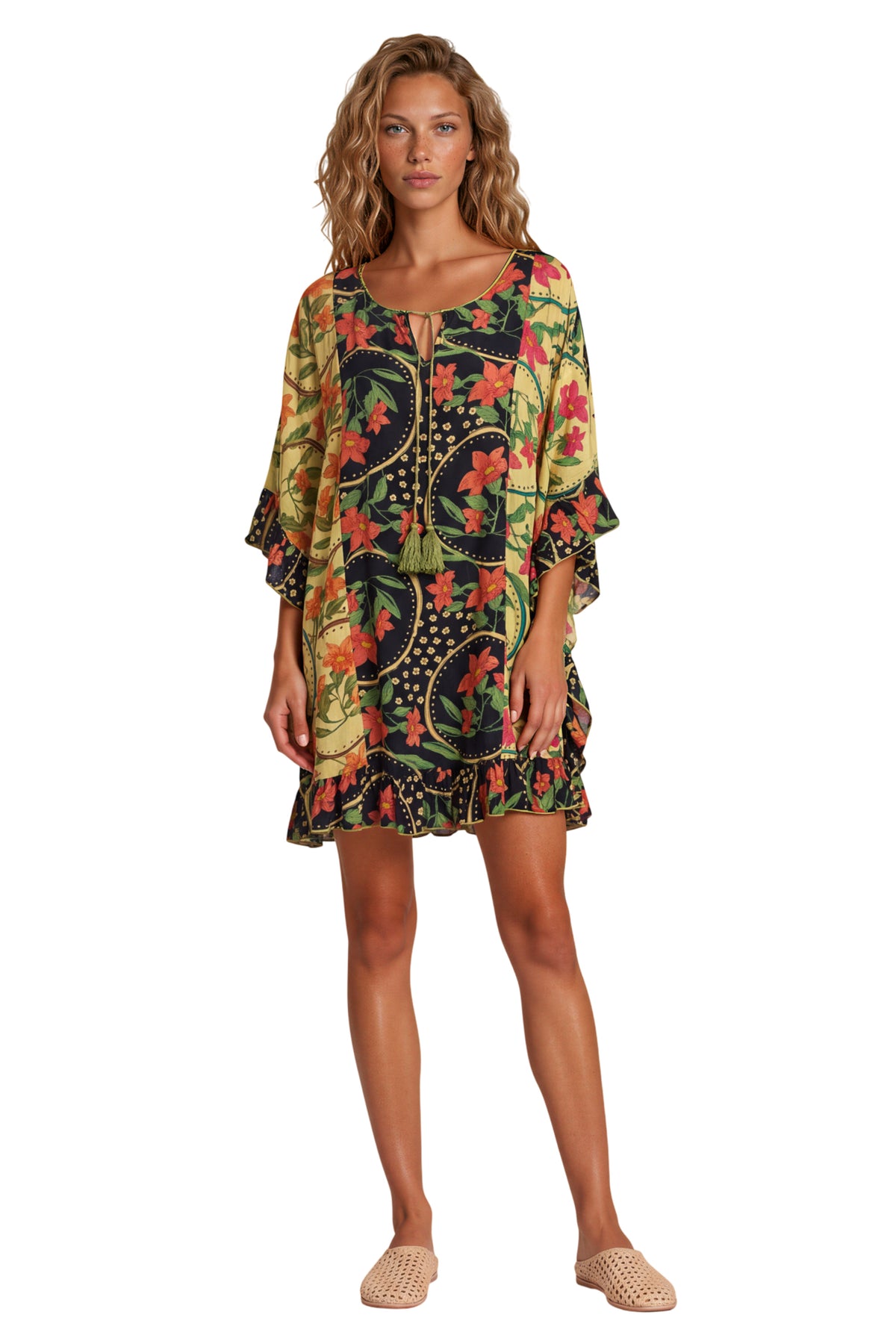 Kaftan Curto Com Babados Preto E Verde Patchwork Yacamim J2