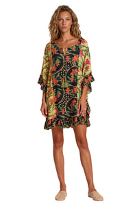 Kaftan Curto Com Babados Preto E Verde Patchwork Yacamim J2