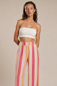 Calça Pantalona Com Bolsos Rosa E Amarela Listrada Yacamim H8