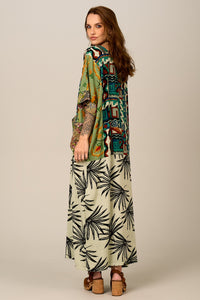 Kaftan Longo Verde Estampado Patchwork Yacamim J2