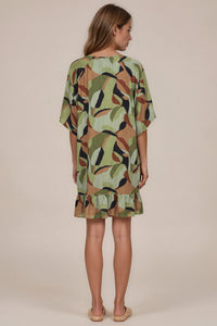 Vestido Curto Com Mangas Curtas Verde Estampado Yacamim D26