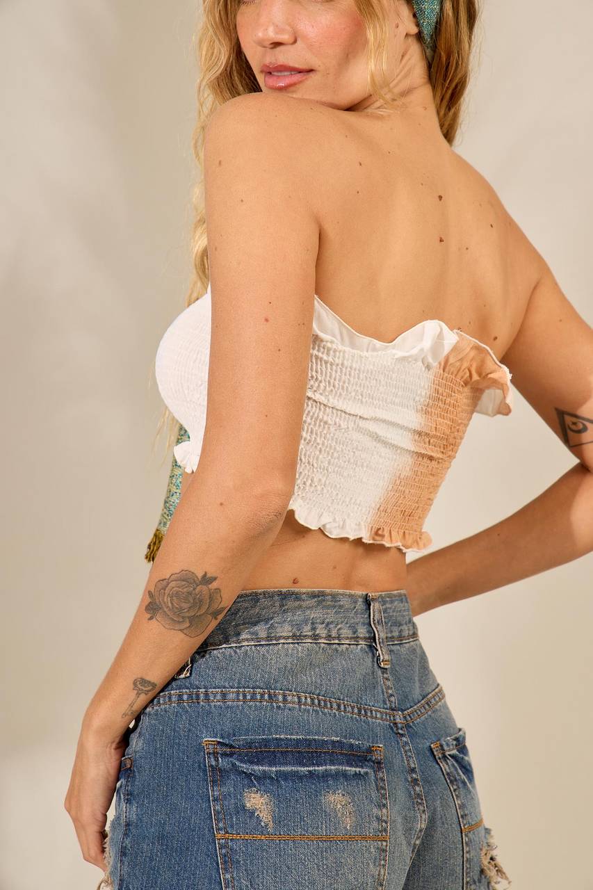 Top De Lastex Com Babadinhos Branca Tie Dye Yacamim F11