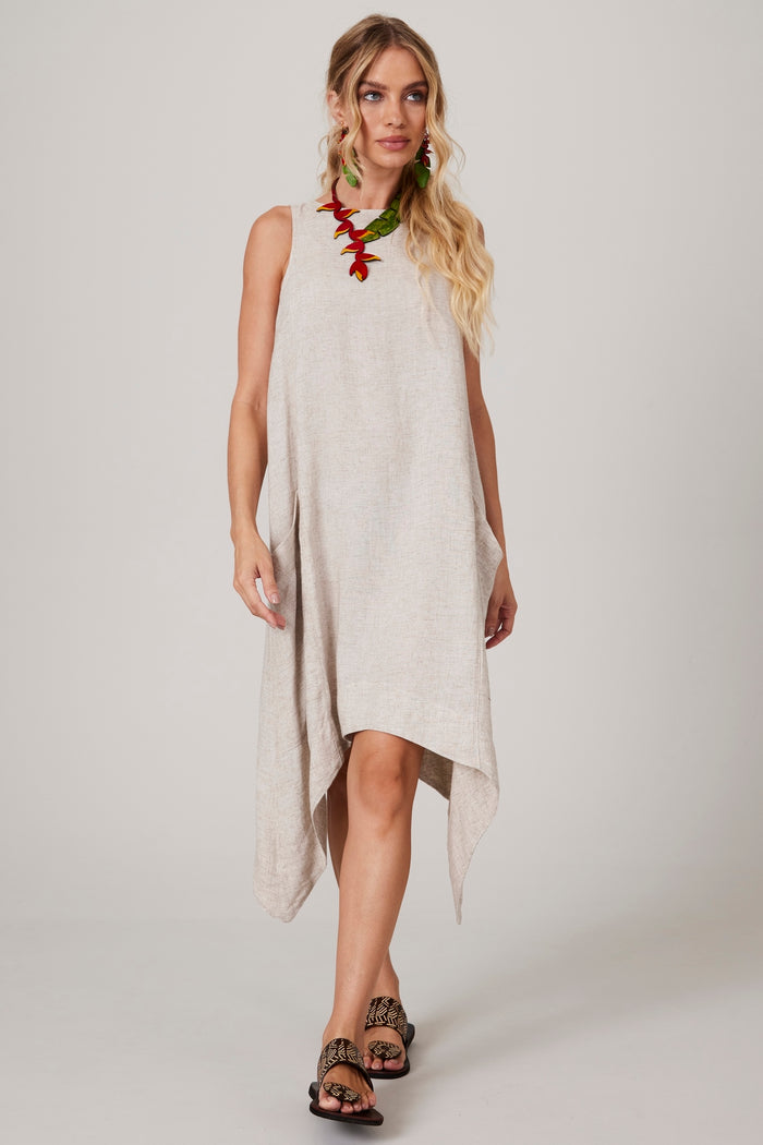 Vestido Regata Curto De Linho Bege Yacamim E27 Liso