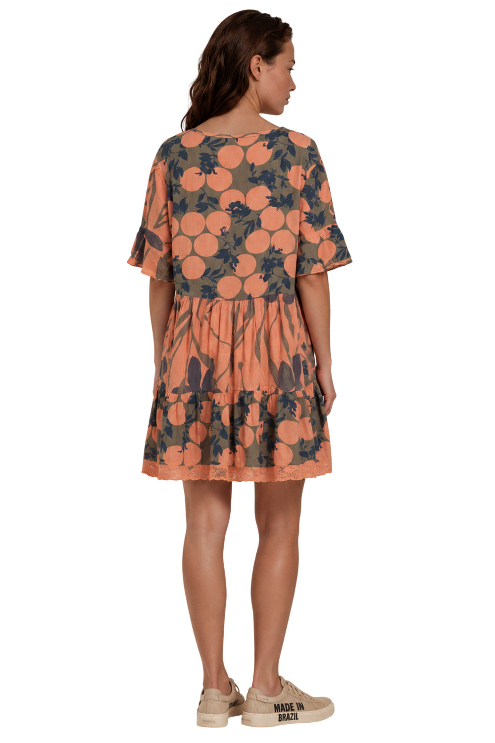 Vestido Curto Com Decote Em V Salmão Estampado Yacamim D25