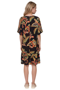 Vestido Curto Com Mangas Curtas Preto Estampado Yacamim D14