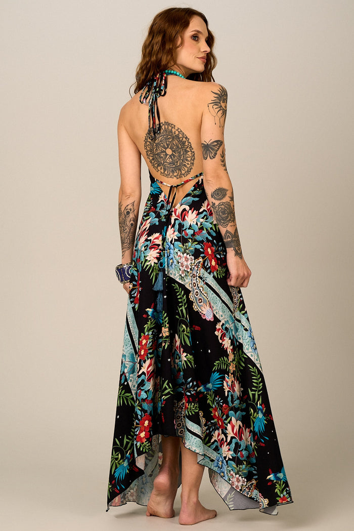 Vestido Longo Frente Única Preto Estampa Paisley Yacamim D27