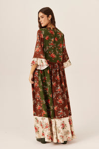 Vestido Longo Aplicações Em Crochê Bordô Patchwork Yacamim E19