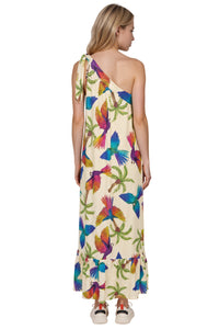 Vestido Longo De Um Ombro Só Bege Estampado Yacamim C4
