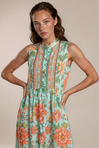 Vestido Longo Sem Mangas Com Botões Verde Pistache Floral yacamim D11