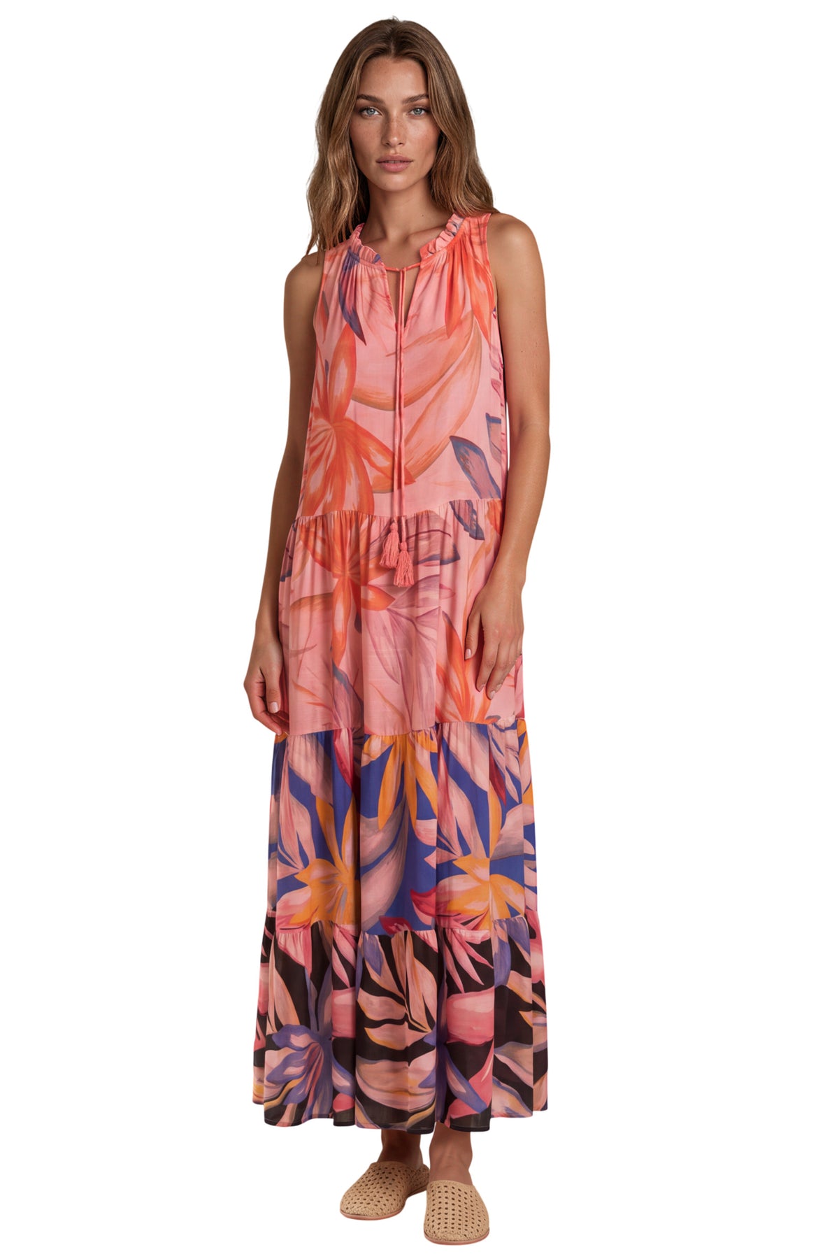 Vestido Longo Regata Rosa Estampado Patchwork Yacamim C5