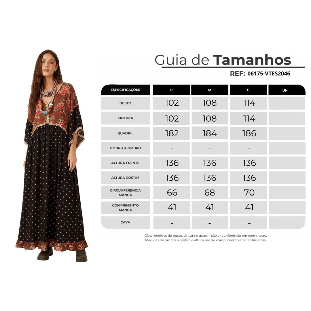 Vestido Longo Com Babados Preto E Marrom Patchwork Yacamim E7