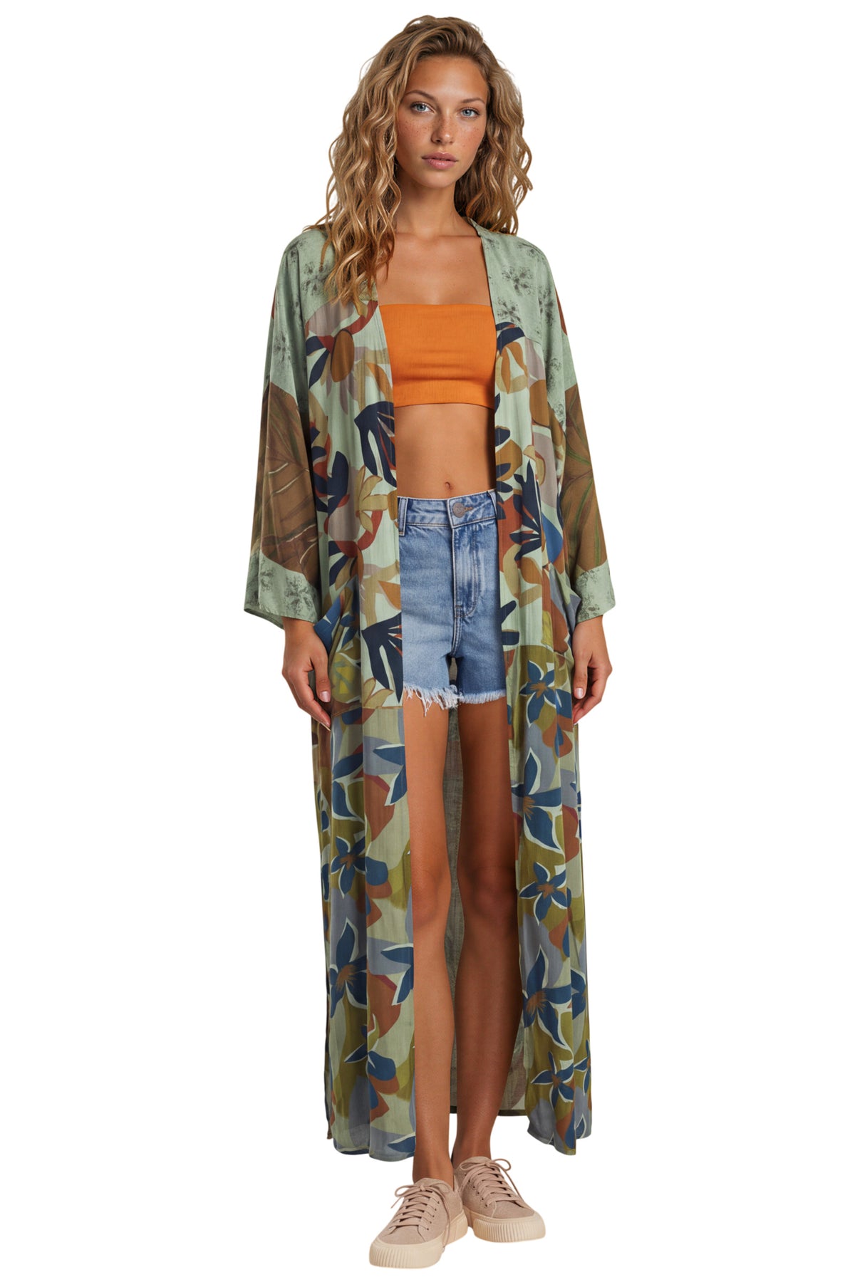 Kimono Longo Com Mangas Longas Verde Estampado Patchwork Yacamim J8