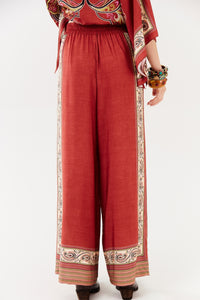 Calça Pantalona Terracota Estampa Paisley Yacamim A20