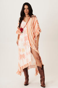 Kaftan Midi Com Mangas 3/4 Rose Estampado Yacamim J1