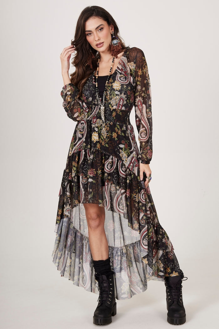 Vestido Mullet De Tule Preto Estampa Cashmere Yacamim E5