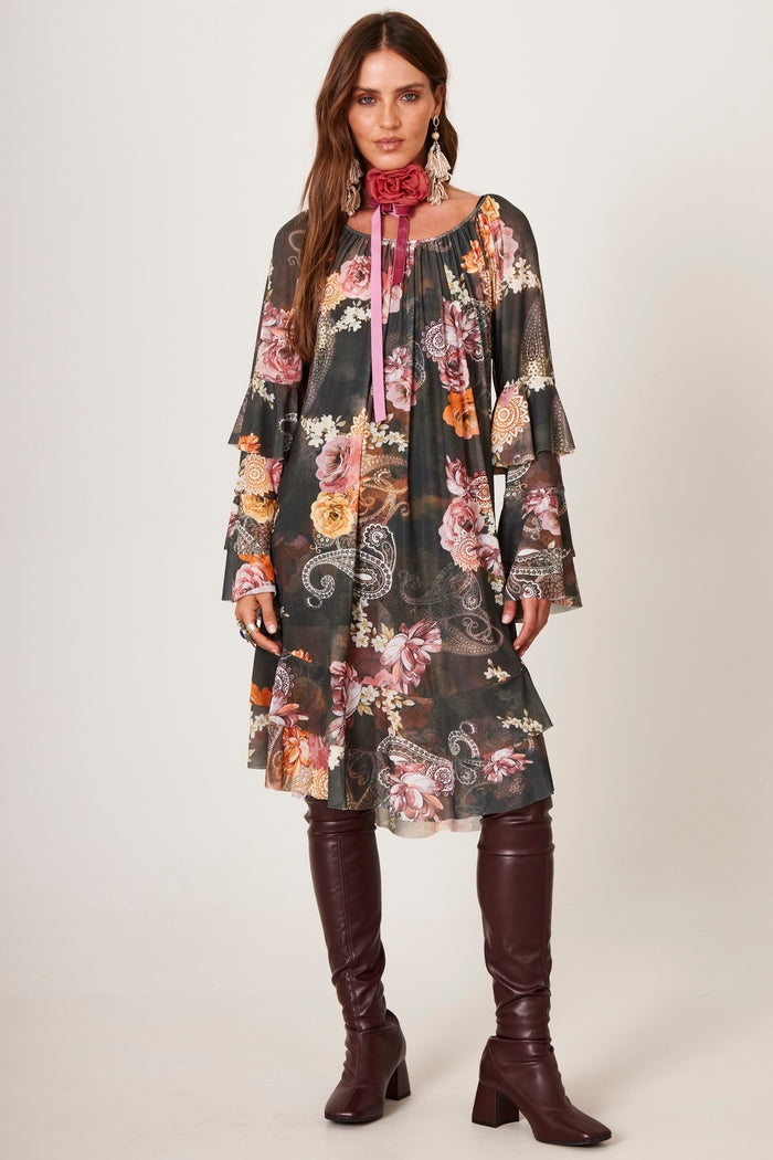 Vestido Curto De Tule Verde Escuro Estampa Cashmere Yacamim E22