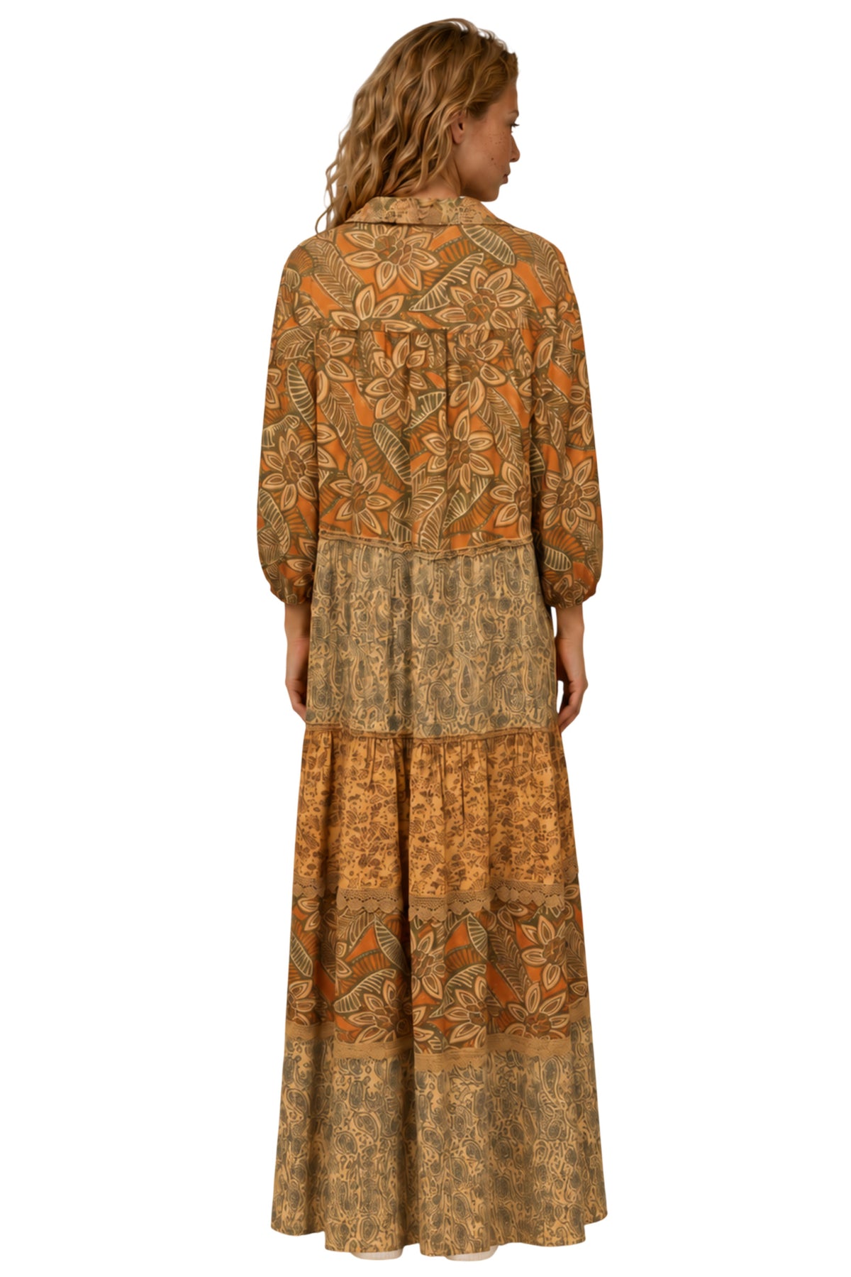 Vestido Longo Amplo Marrom Claro Estampado Patchwork Yacamim D4
