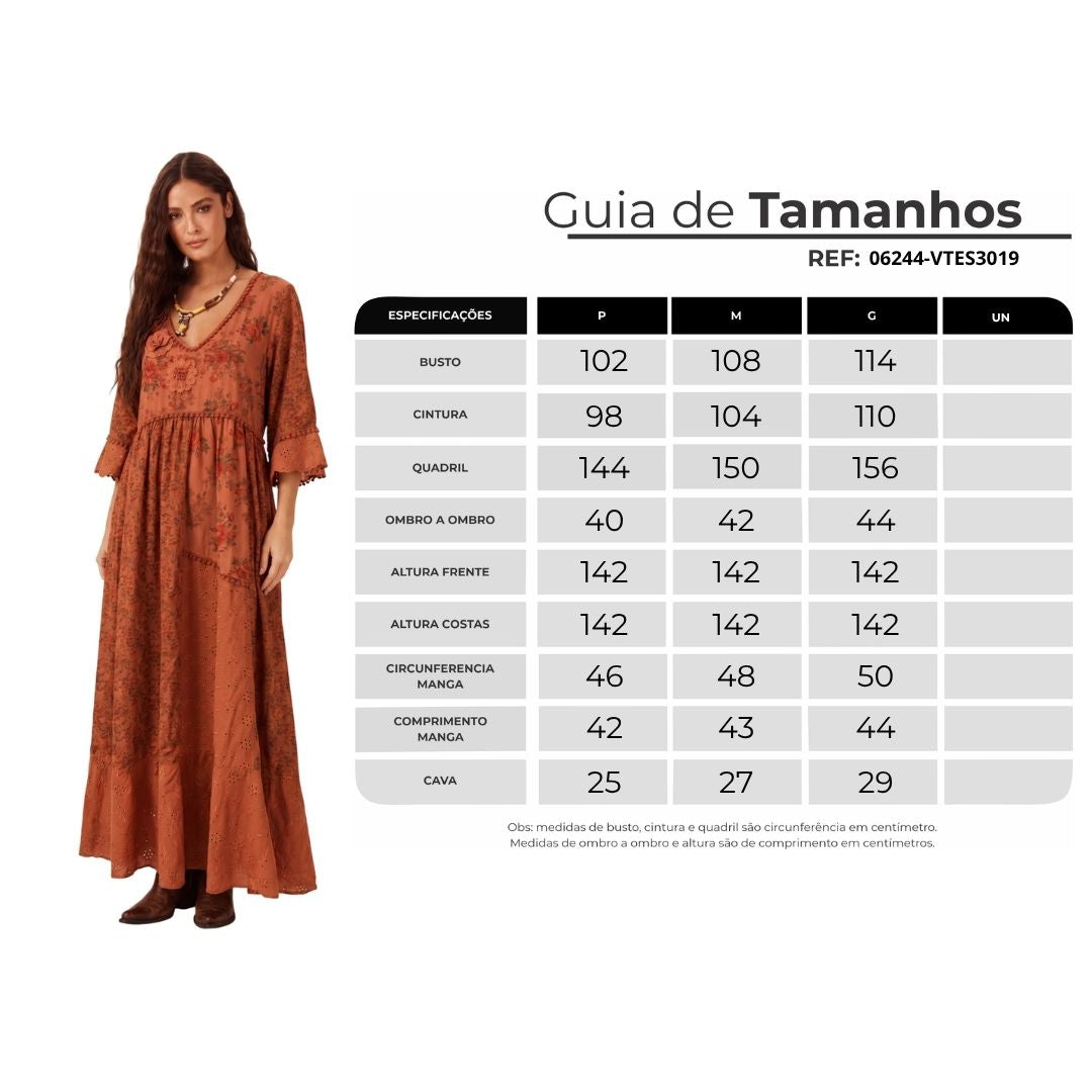 Vestido Longo Com Detalhes Em Broderie Terracota Patchwork Yacamim C4