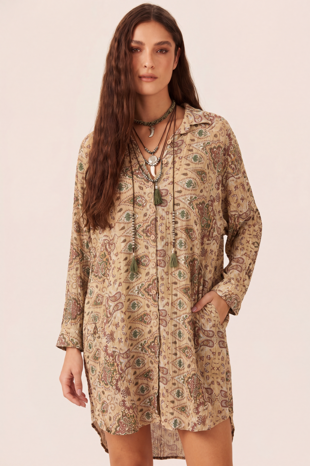Chemise Curta Manga Longa Bege Paisley Yacamim L3