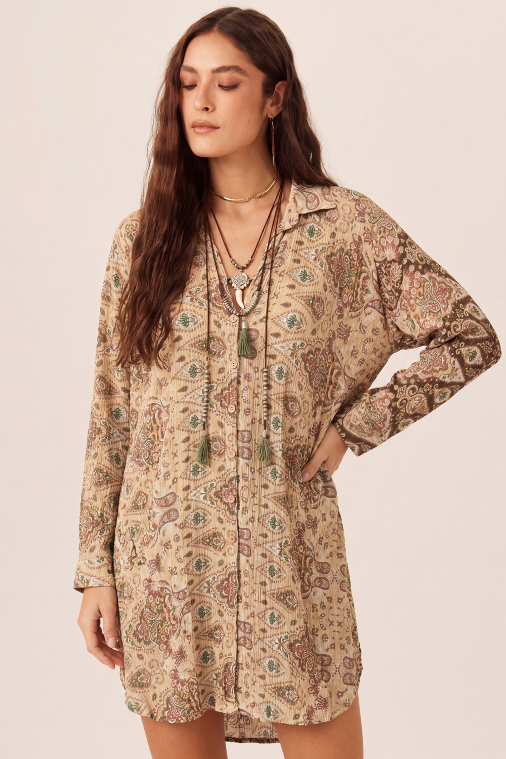 Chemise Curta Manga Longa Bege Paisley Yacamim L3