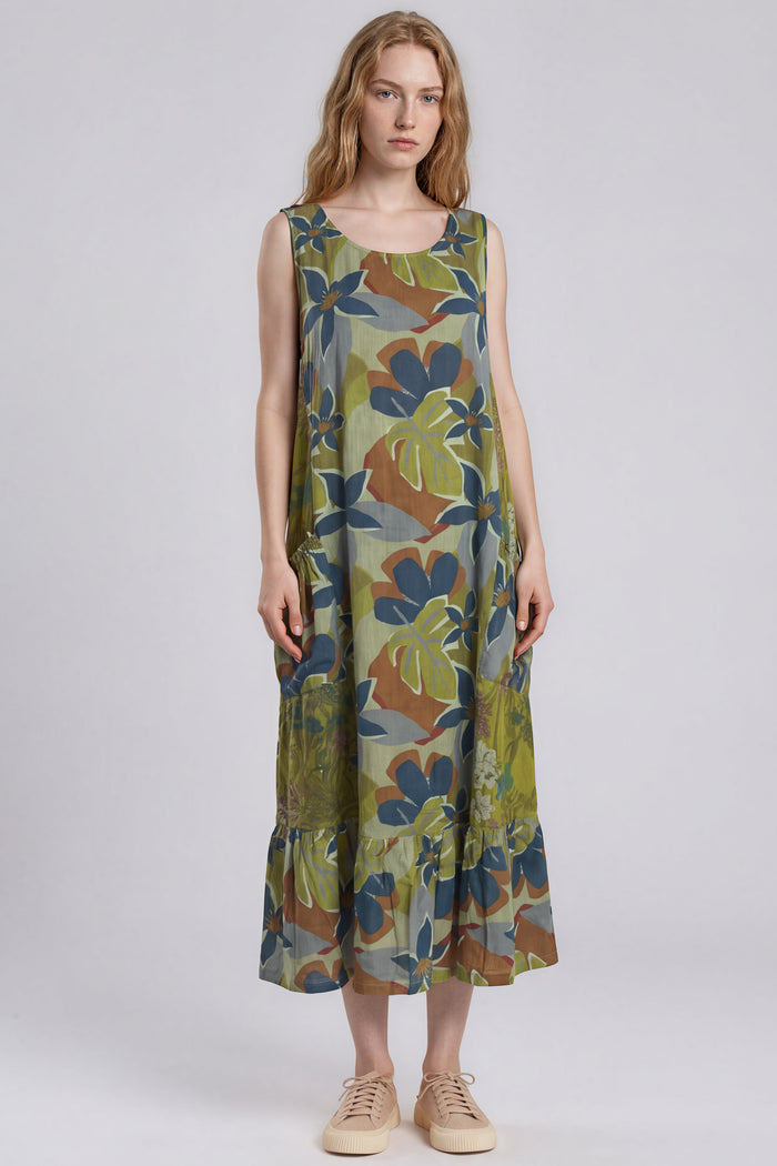 Vestido Regata Midi Com Babado Na Barra Verde Estampado Yacamim E3