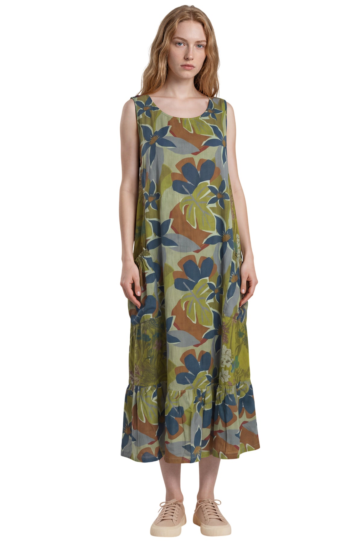Vestido Regata Midi Com Babado Na Barra Verde Estampado Yacamim E3