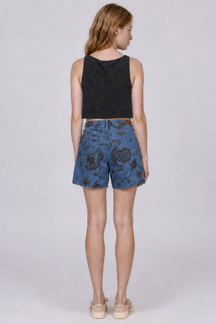 Bermuda Jeans Azul Com Estampa Paisley Yacamim R5